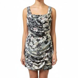 EXPRESS Dress 4 Grey Floral Sleeveless Ruched Asymmetrical Cocktail Party Trendy